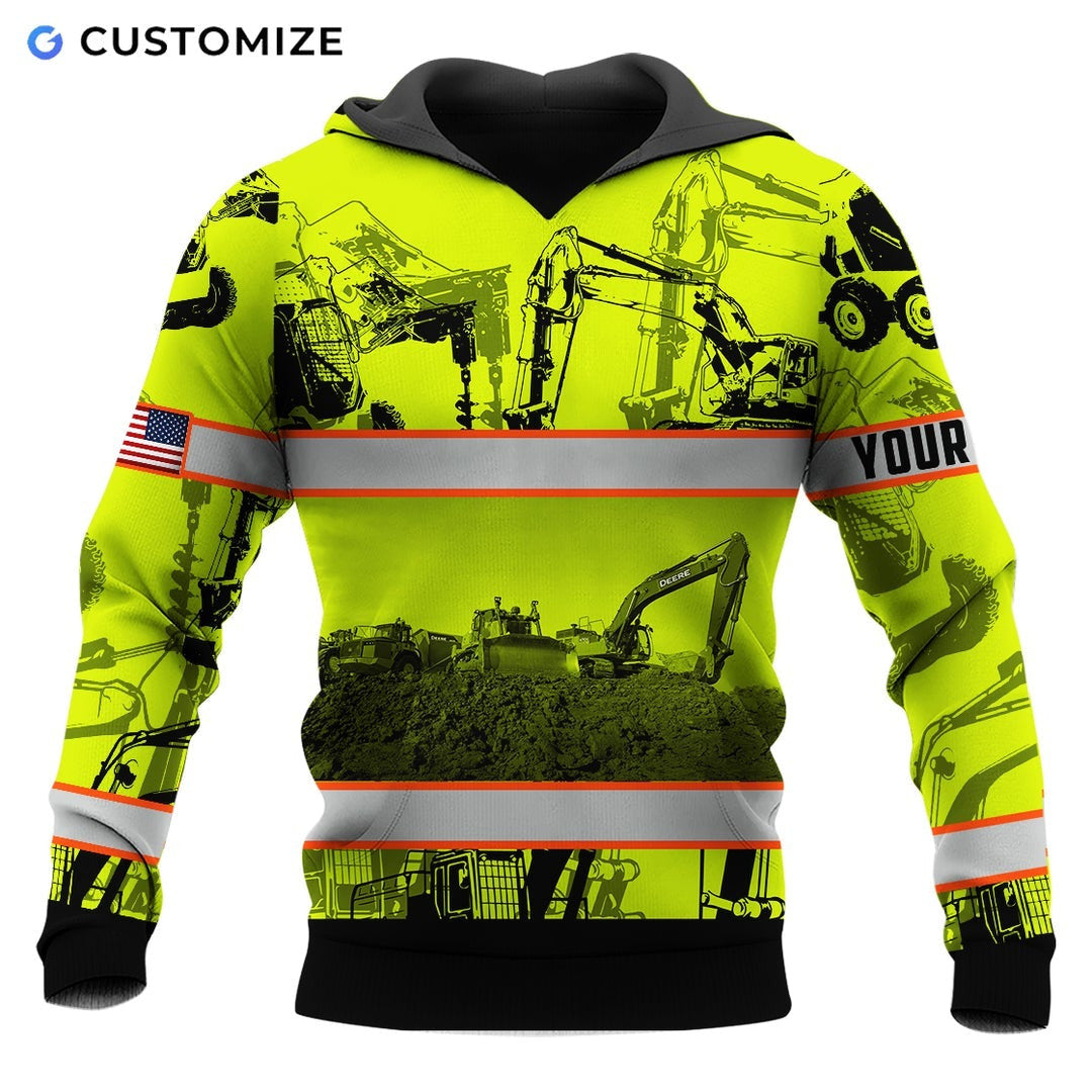 Personalized excavator operator hoodie featuring yellow excavator pattern orange stripes all-over print