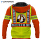 Personalized excavator operator hoodie featuring yellow vest print orange sleeves all-over print, back view