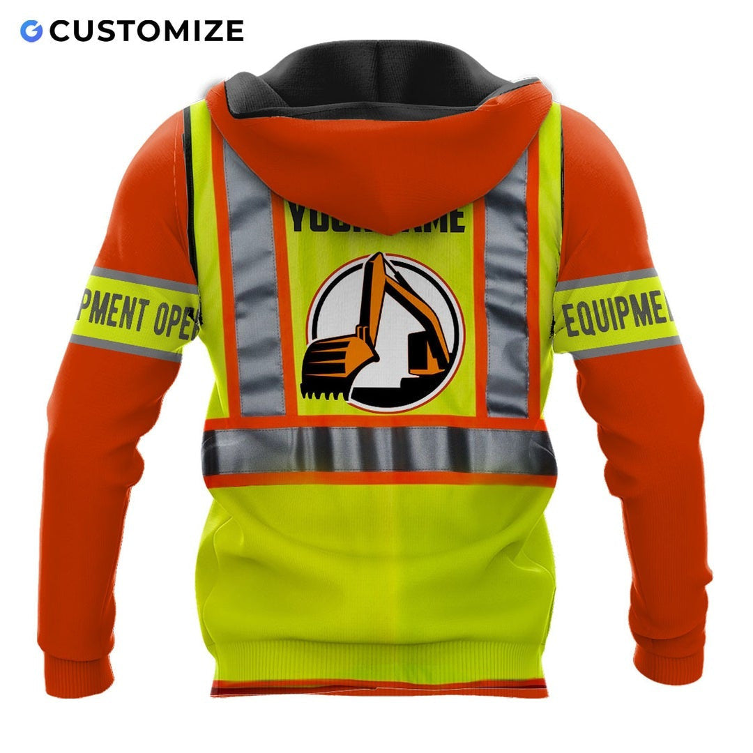 Personalized excavator operator hoodie featuring yellow vest print orange sleeves all-over print, back view