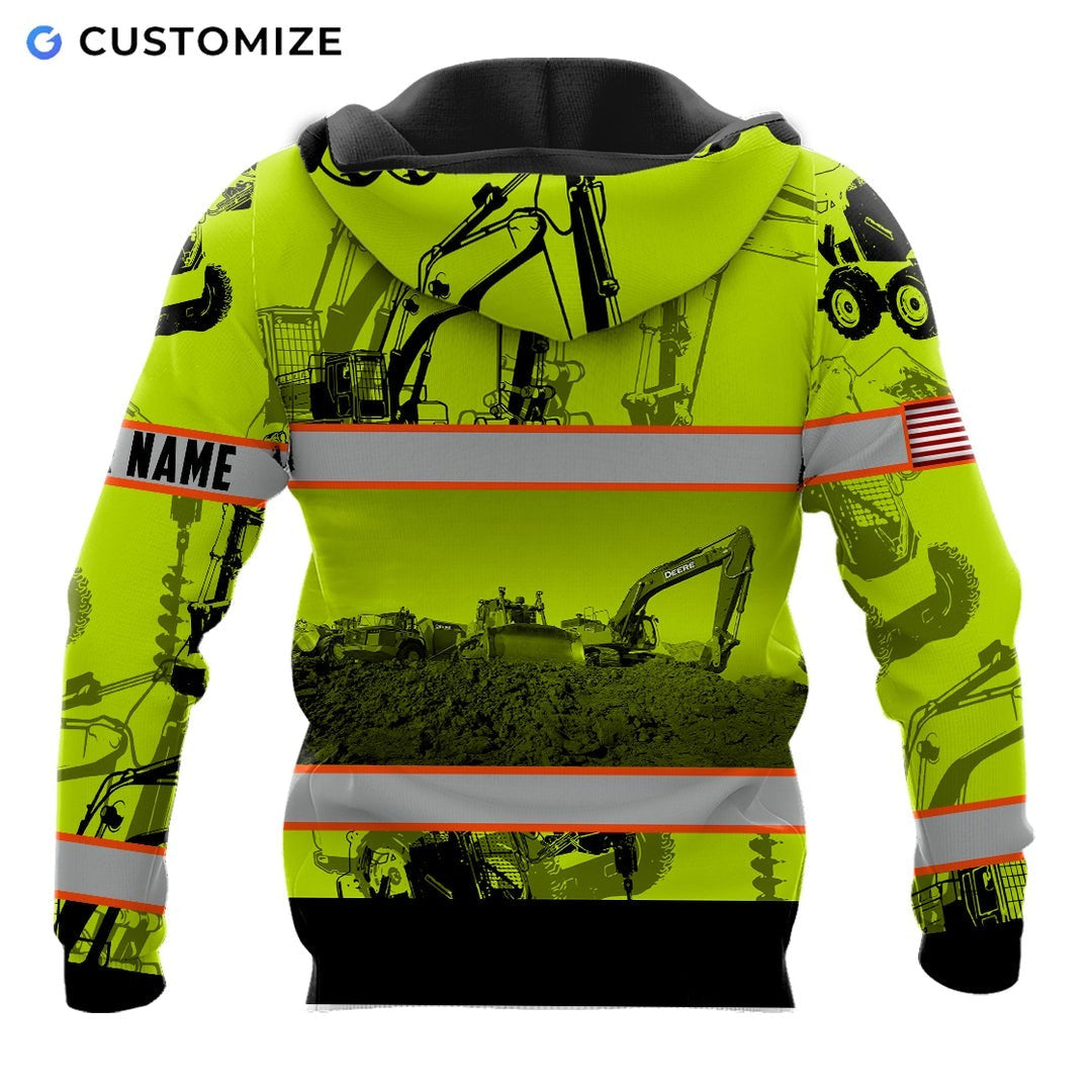 Personalized excavator operator hoodie featuring yellow excavator pattern orange stripes all-over print, back view