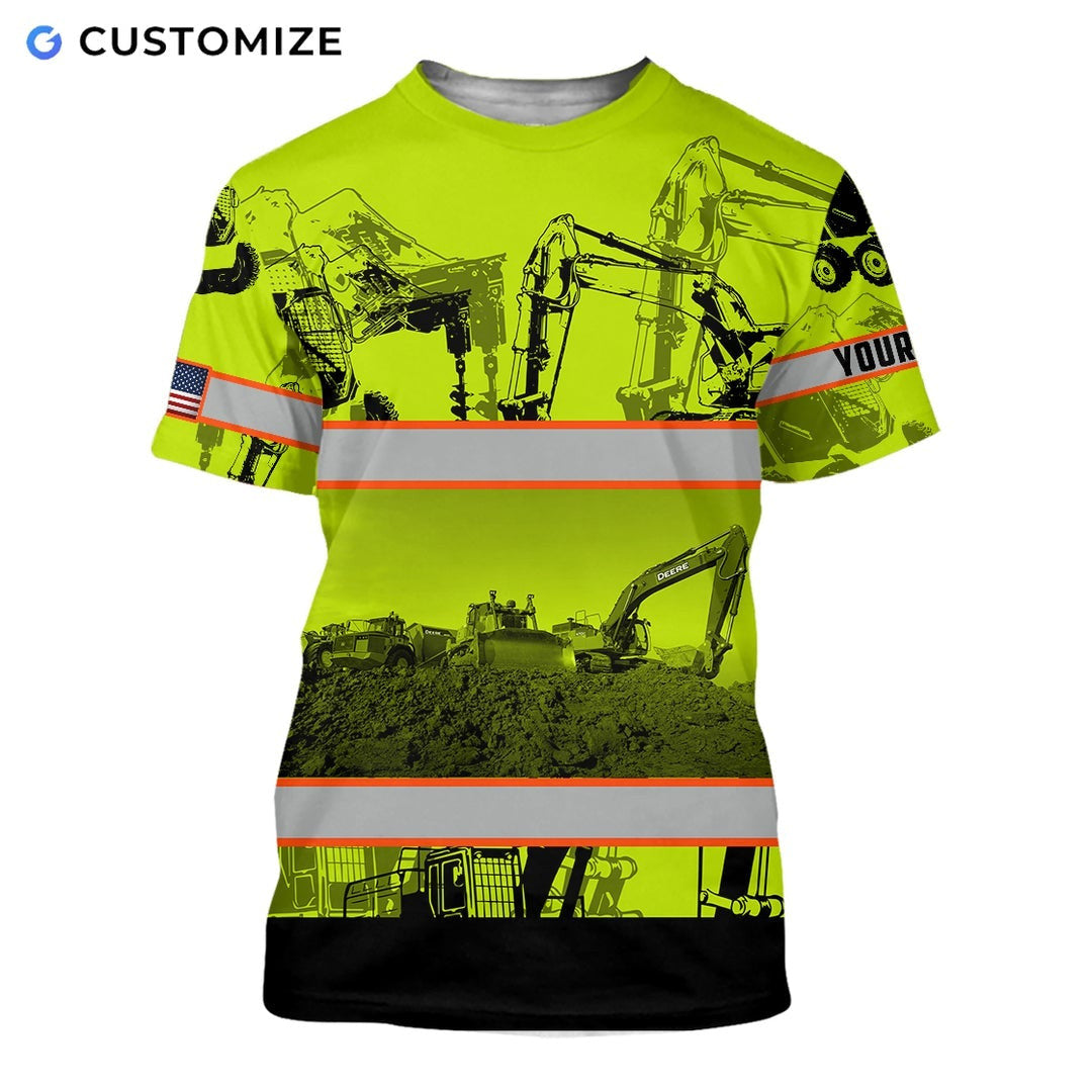 Personalized excavator operator t-shirt featuring yellow excavator pattern orange stripes all-over print, short-sleeve design