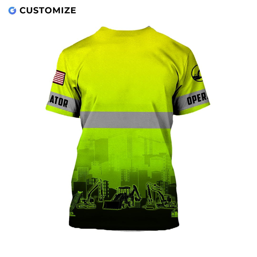 Personalized excavator operator t-shirt featuring yellow grey stripe excavator fleet all-over print, back view