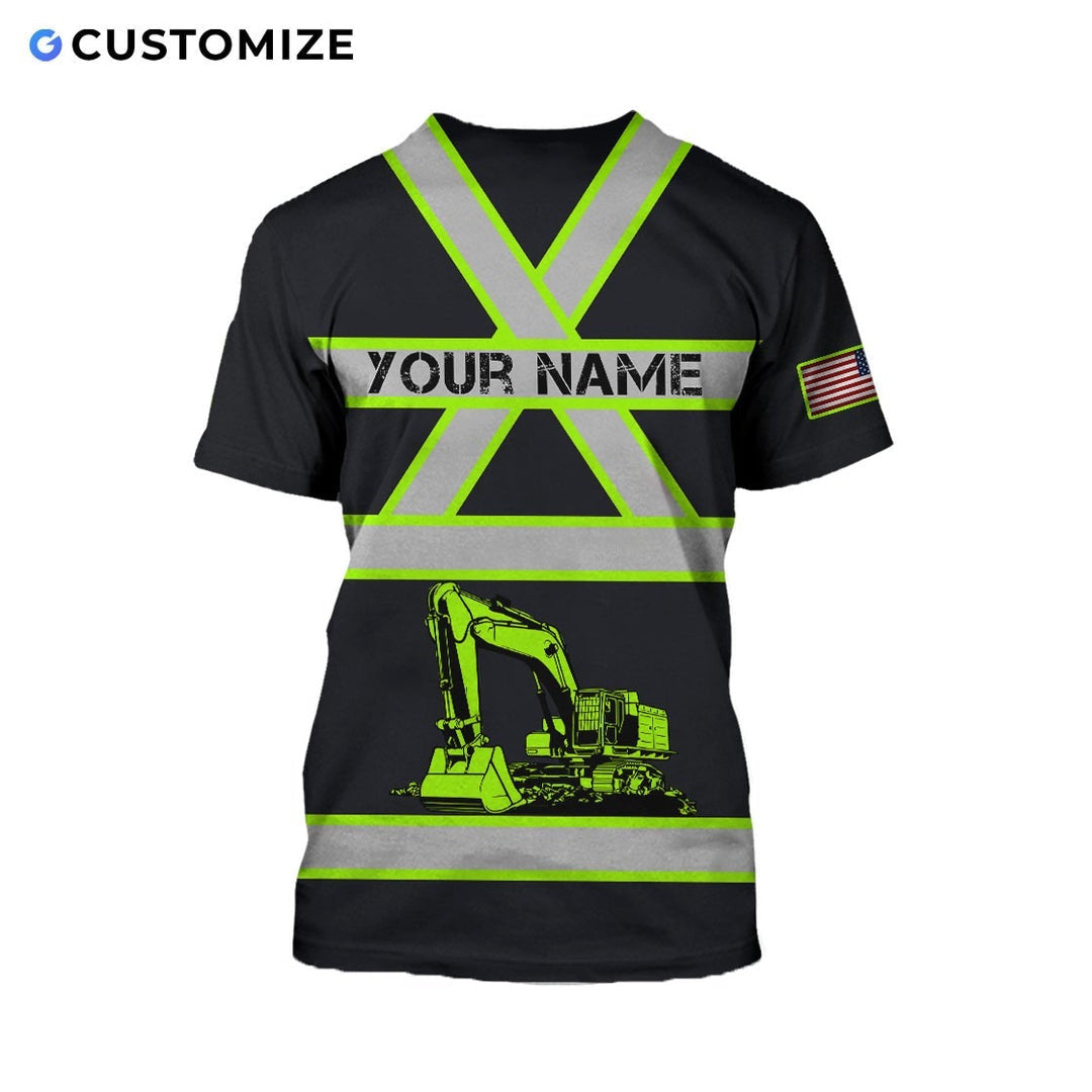 Personalized excavator operator t-shirt featuring black yellow stripe excavator all-over print, back view
