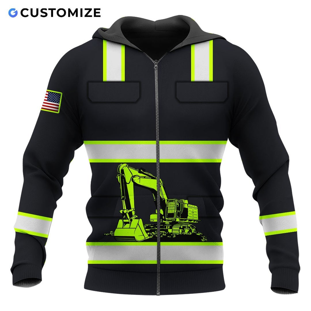 Personalized excavator operator zip hoodie featuring black yellow stripe excavator all-over print, zip-front design