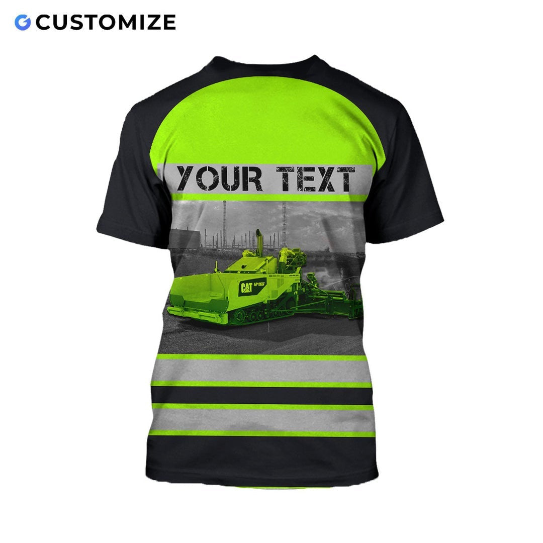 Personalized excavator operator t-shirt featuring black yellow vest stripe print all-over print, back view