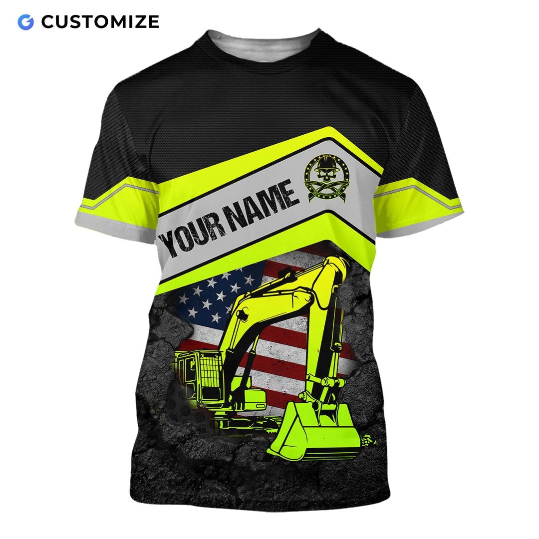 Personalized excavator operator t-shirt featuring excavator and american flag all-over print, short-sleeve design