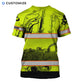 Personalized excavator operator t-shirt featuring yellow excavator pattern orange stripes all-over print, back view