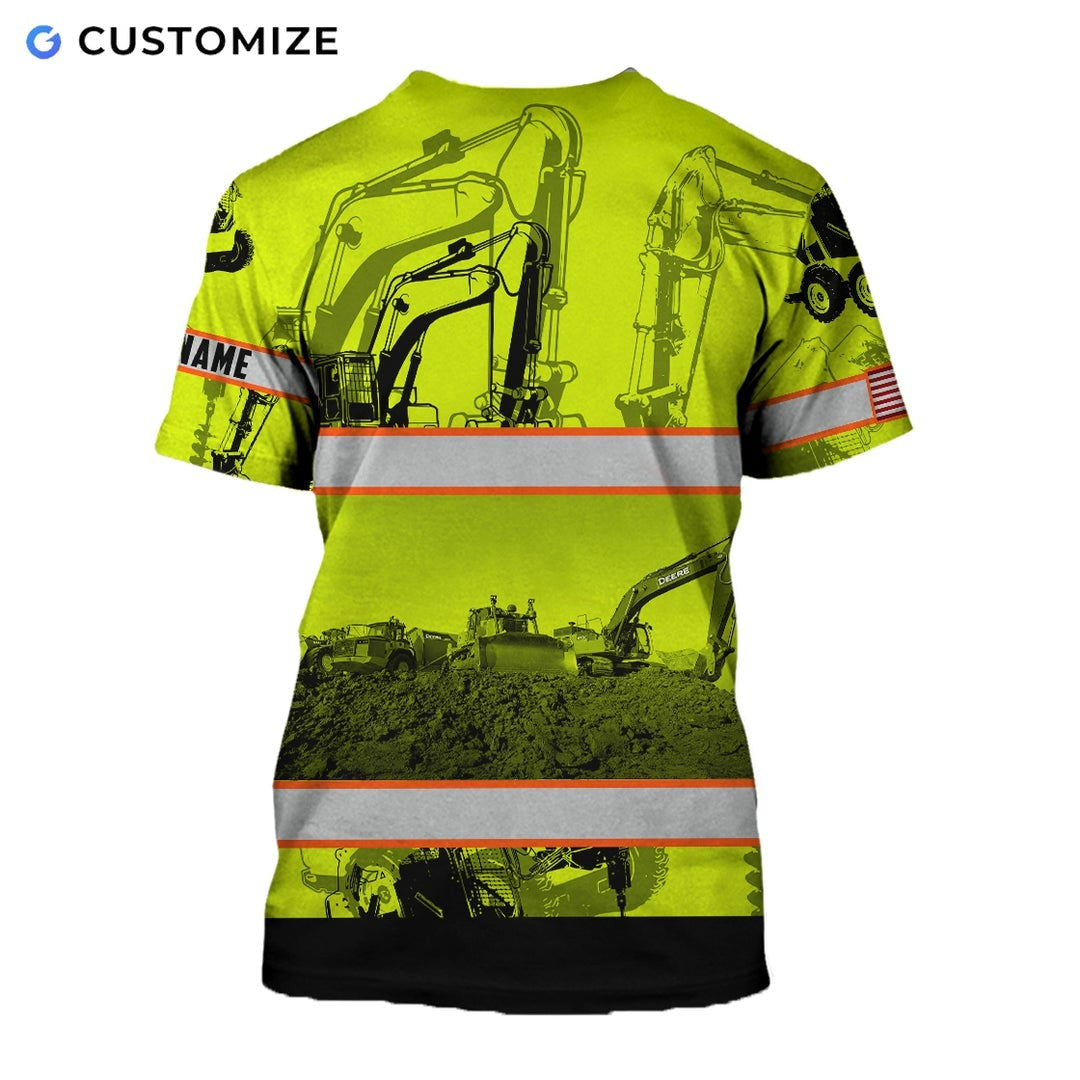 Personalized excavator operator t-shirt featuring yellow excavator pattern orange stripes all-over print, back view
