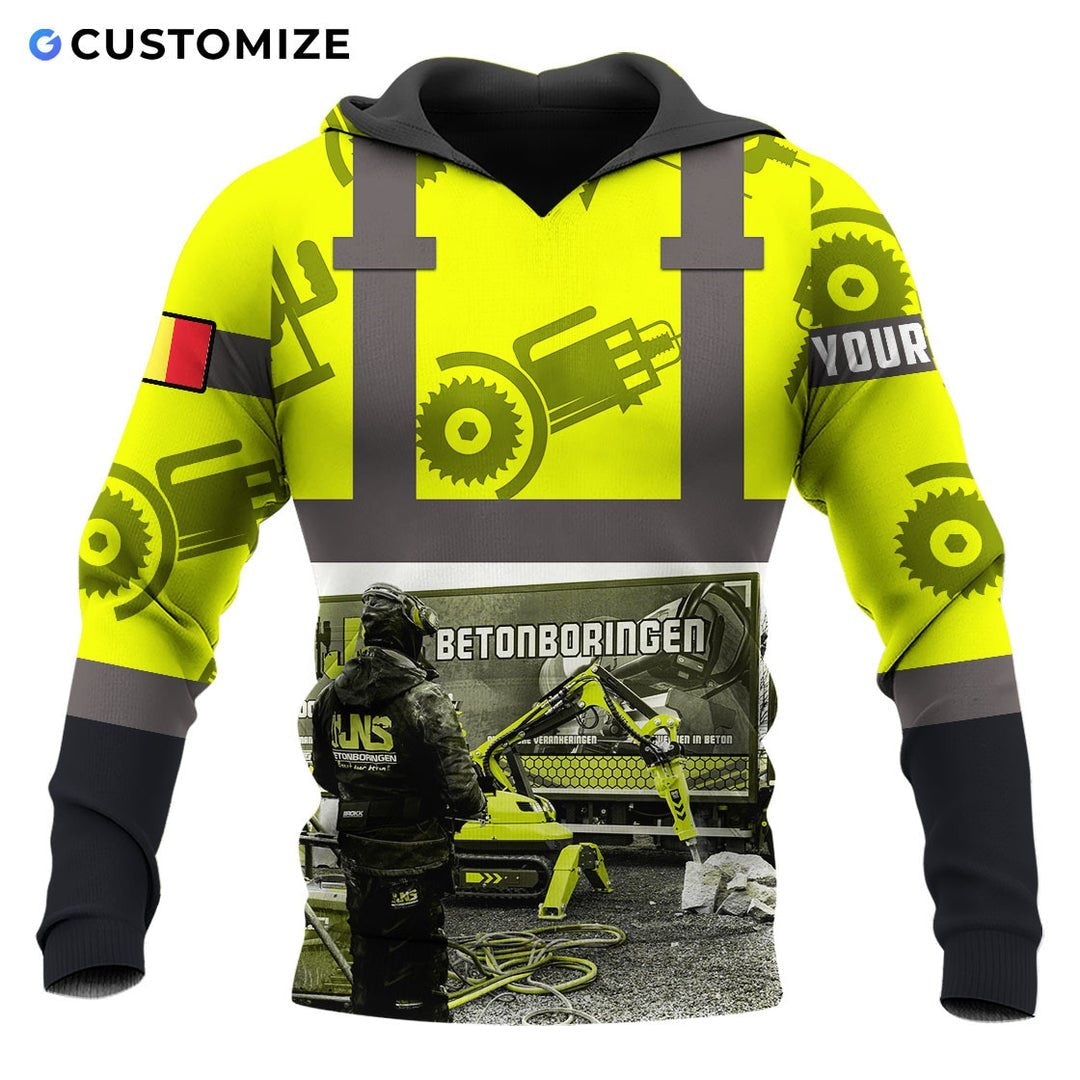 Personalized concrete cutter hoodie featuring yellow gear print heavy equipment all-over print