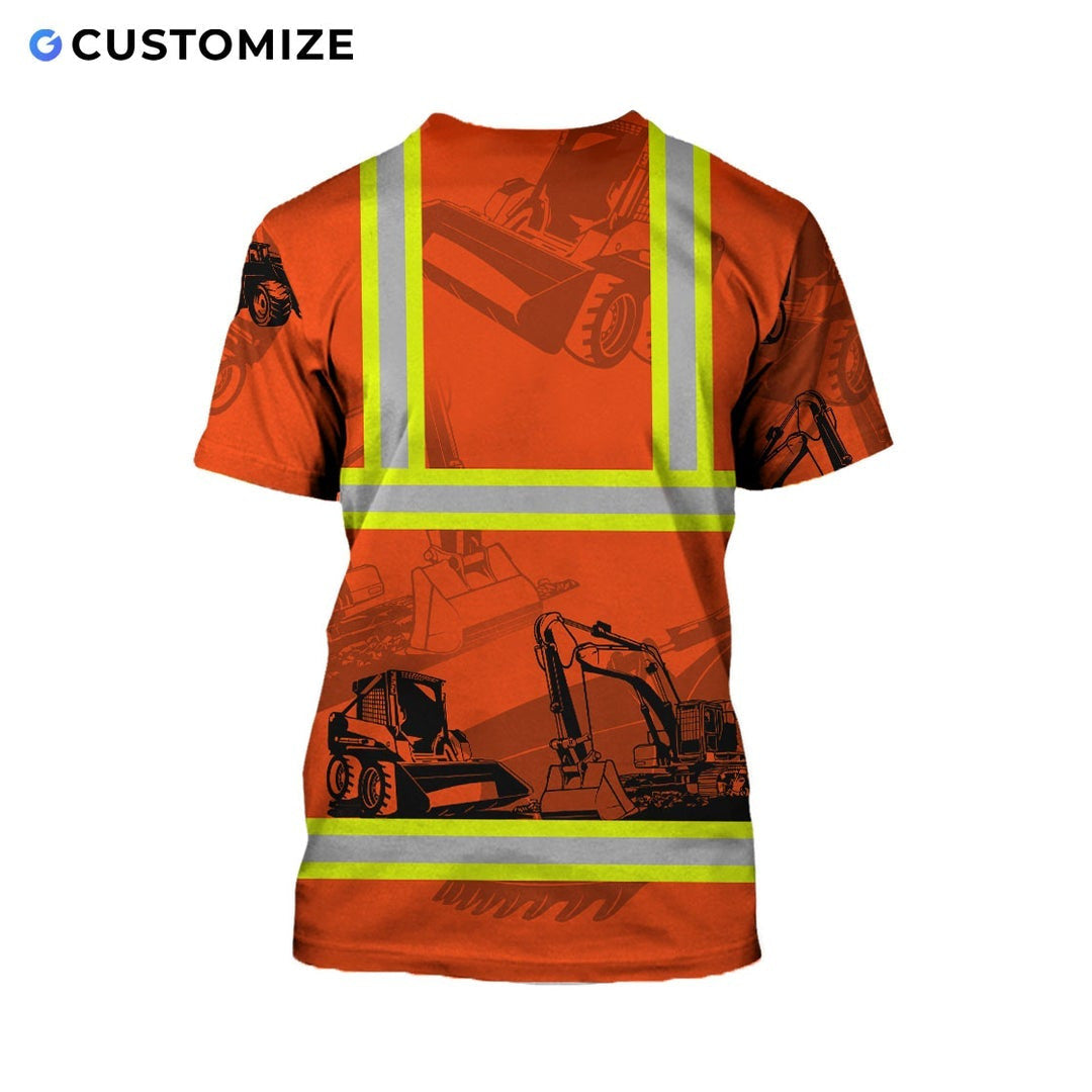 Personalized excavator operator t-shirt featuring orange excavator pattern stripe print all-over print, back view