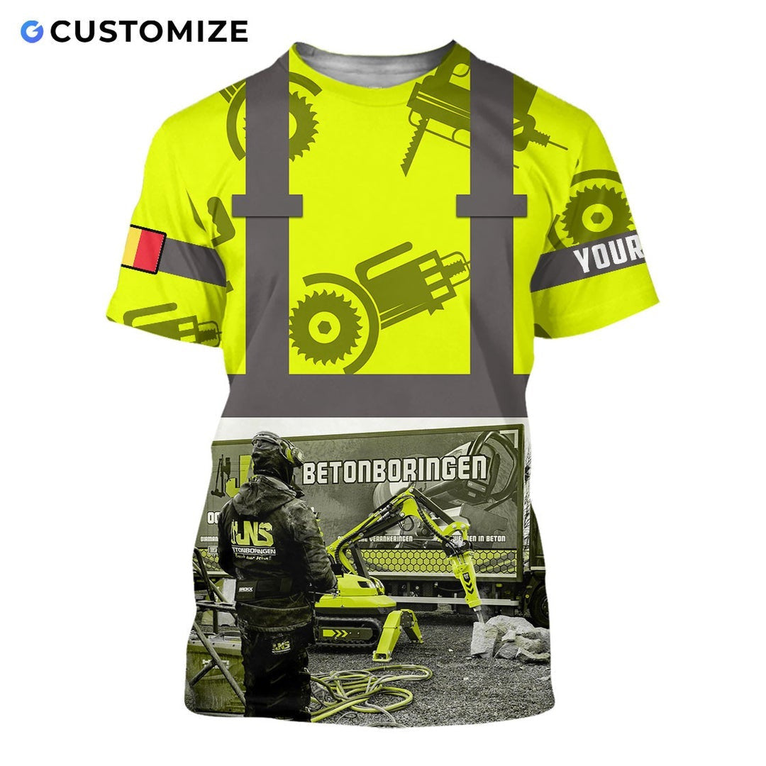 Personalized concrete cutter t-shirt featuring yellow gear print heavy equipment all-over print, short-sleeve design