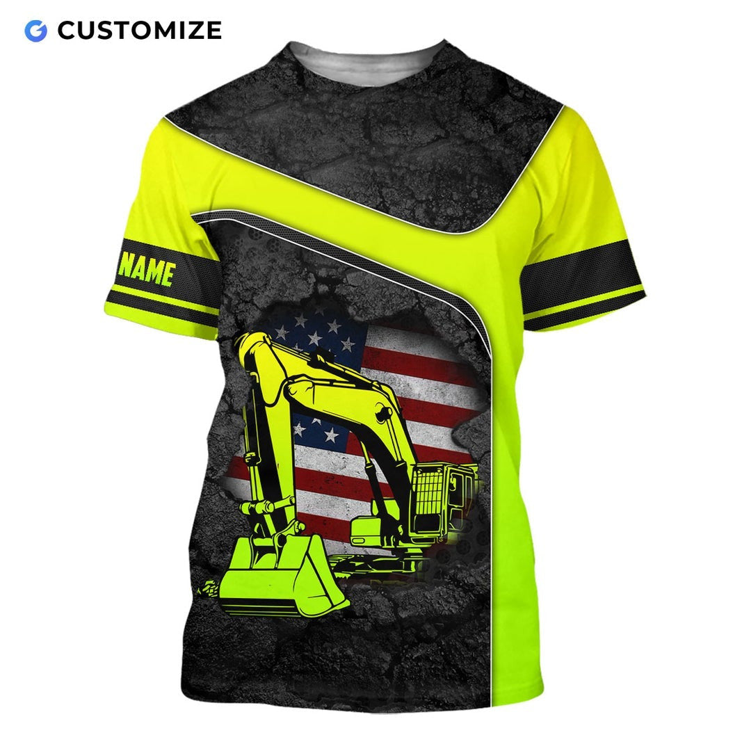 Personalized excavator operator t-shirt featuring neon yellow american flag excavator all-over print, short-sleeve design