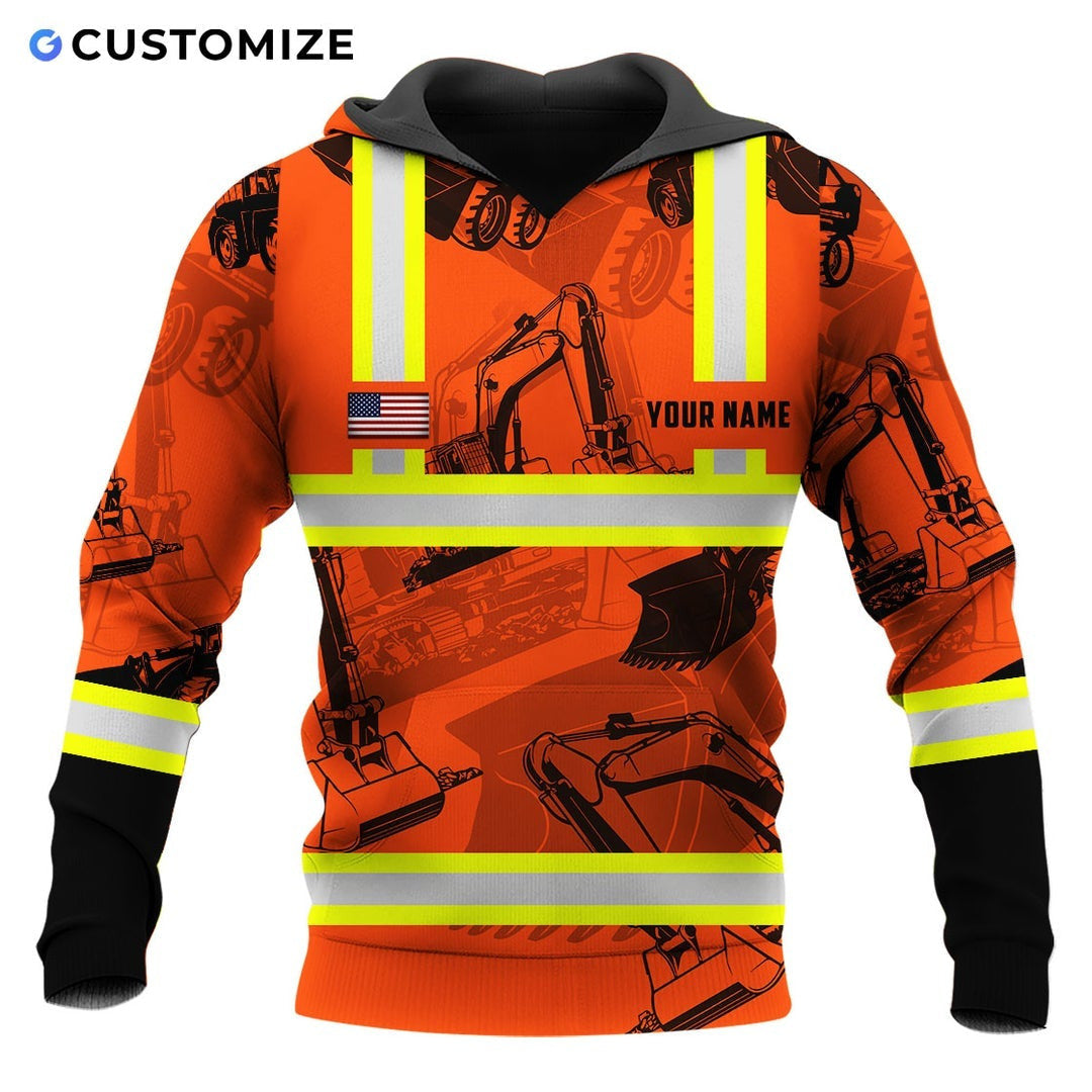 Personalized excavator operator hoodie featuring orange excavator pattern stripe print all-over print