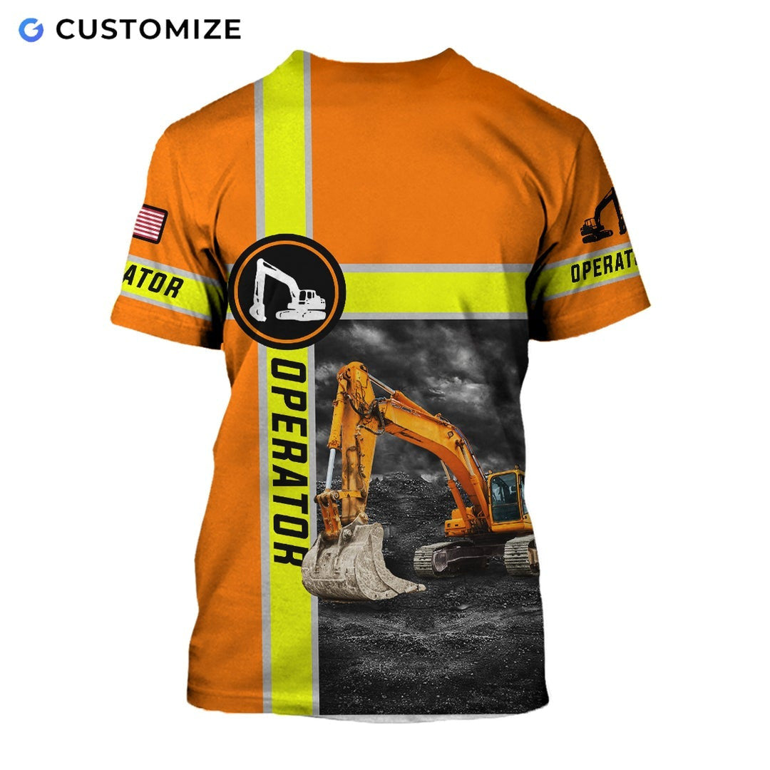 Personalized excavator operator t-shirt featuring orange excavator operator quote all-over print, back view