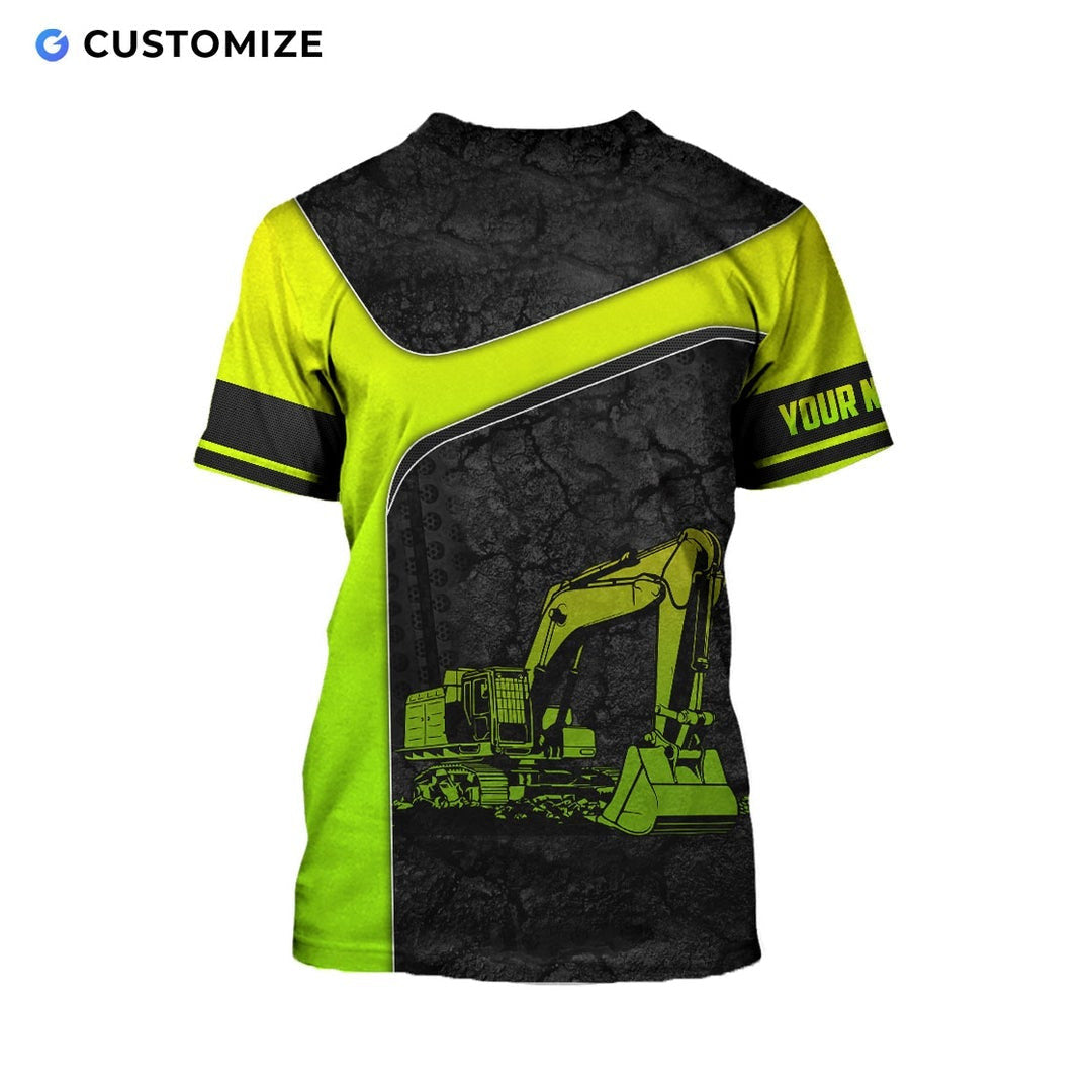 Personalized excavator operator t-shirt featuring neon yellow american flag excavator all-over print, back view