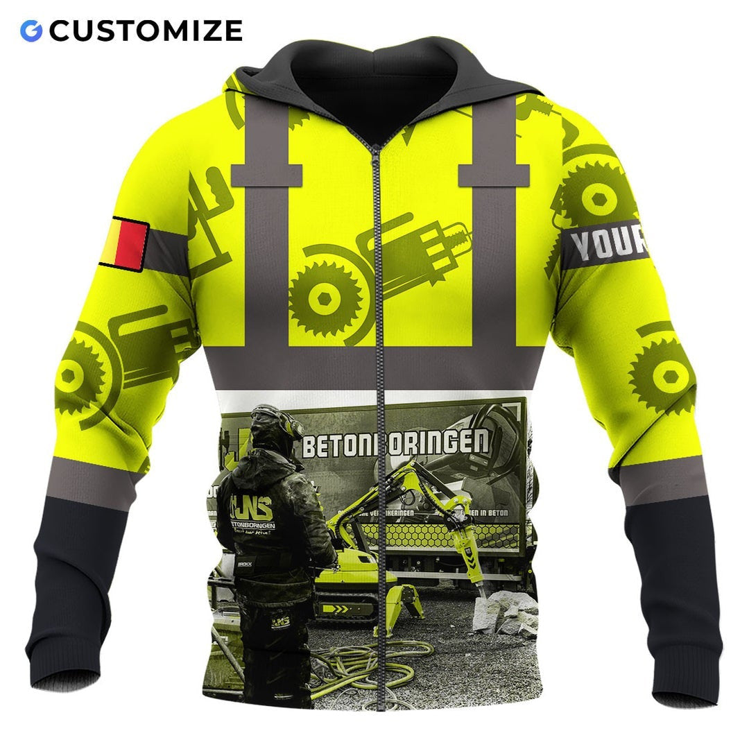 Personalized concrete cutter zip hoodie featuring yellow gear print heavy equipment all-over print, zip-front design