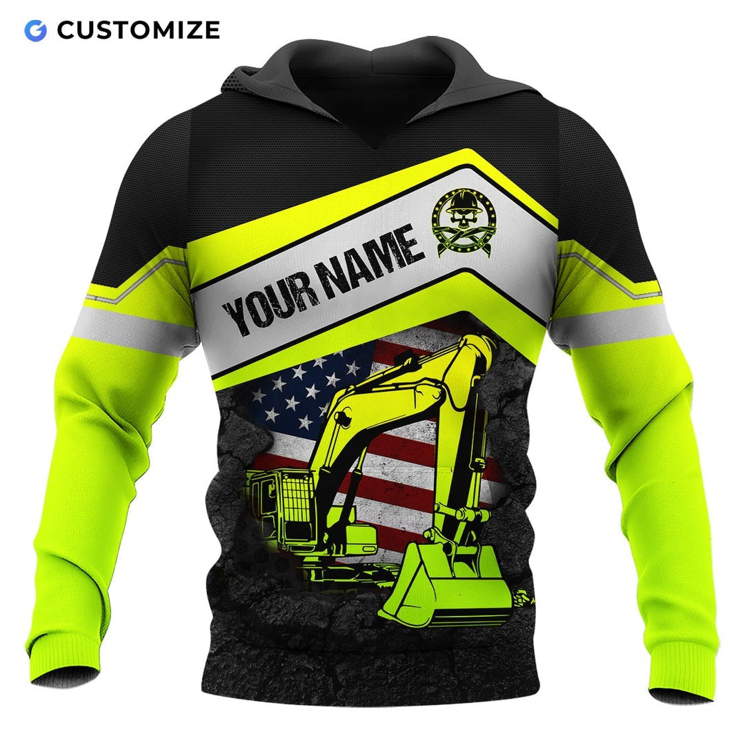 Personalized excavator operator hoodie featuring excavator and american flag all-over print