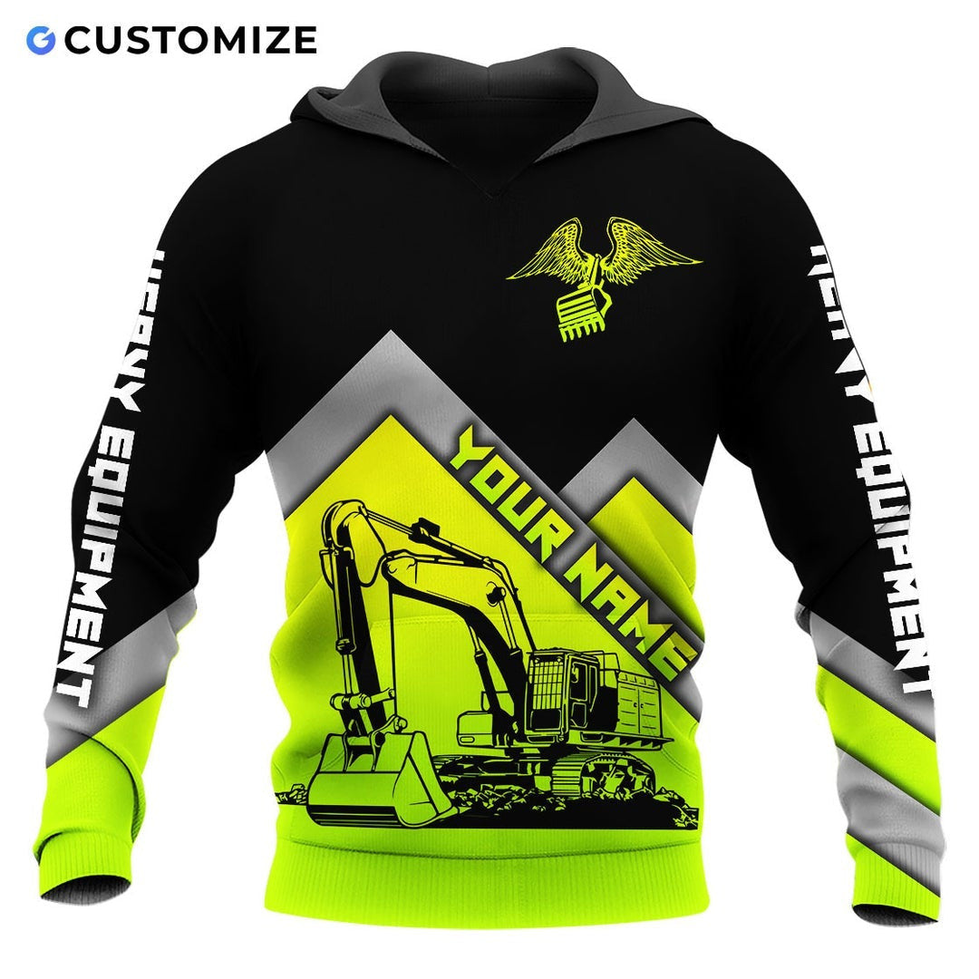 Personalized heavy equipment hoodie featuring black yellow chevron excavator all-over print