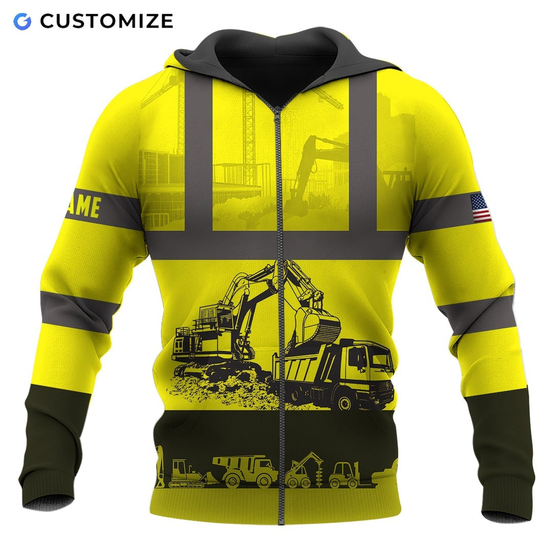 Personalized excavator operator zip hoodie featuring yellow construction equipment print all-over print, zip-front design
