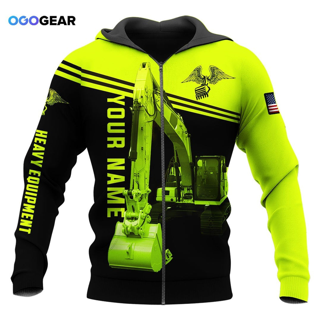 Personalized heavy equipment zip hoodie featuring neon yellow black excavator bucket all-over print, zip-front design