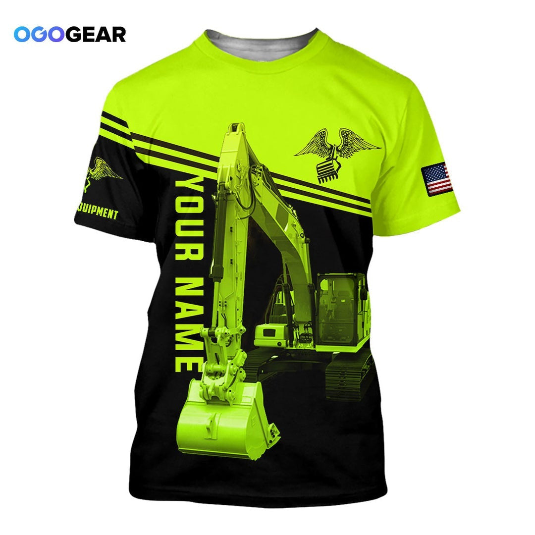 Personalized heavy equipment t-shirt featuring neon yellow black excavator bucket all-over print, short-sleeve design