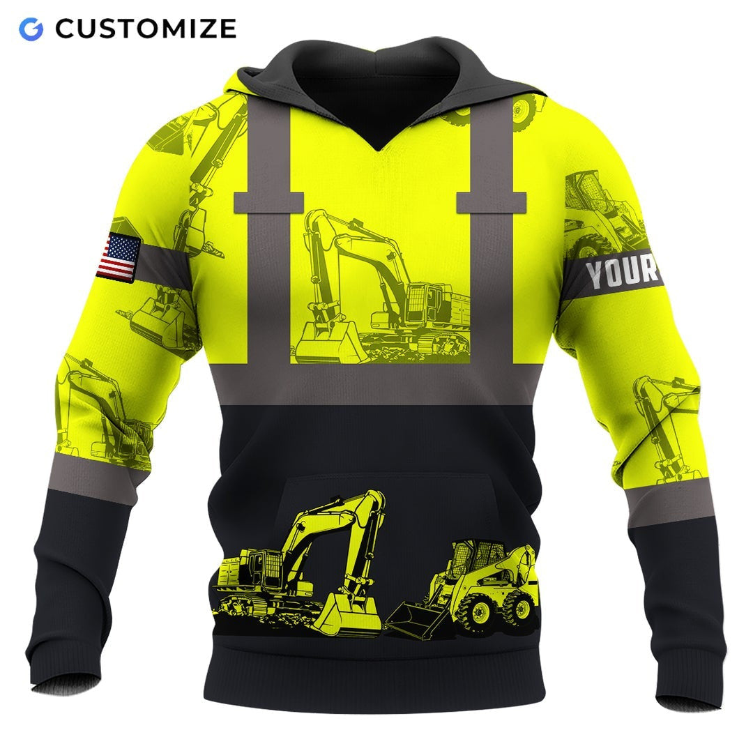Personalized excavator operator hoodie featuring yellow black heavy equipment panels all-over print