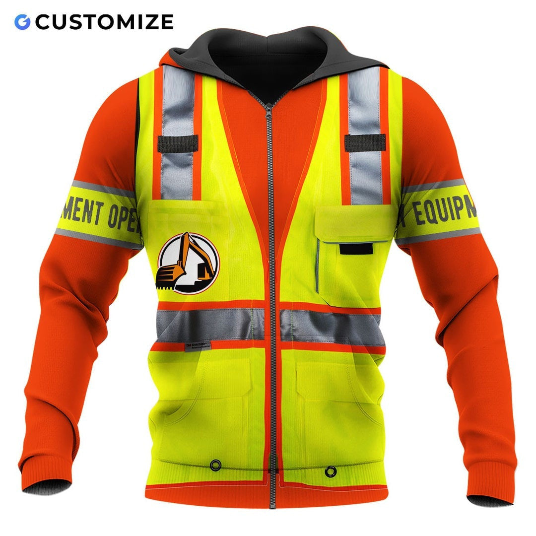 Personalized excavator operator zip hoodie featuring yellow vest print orange sleeves all-over print, zip-front design