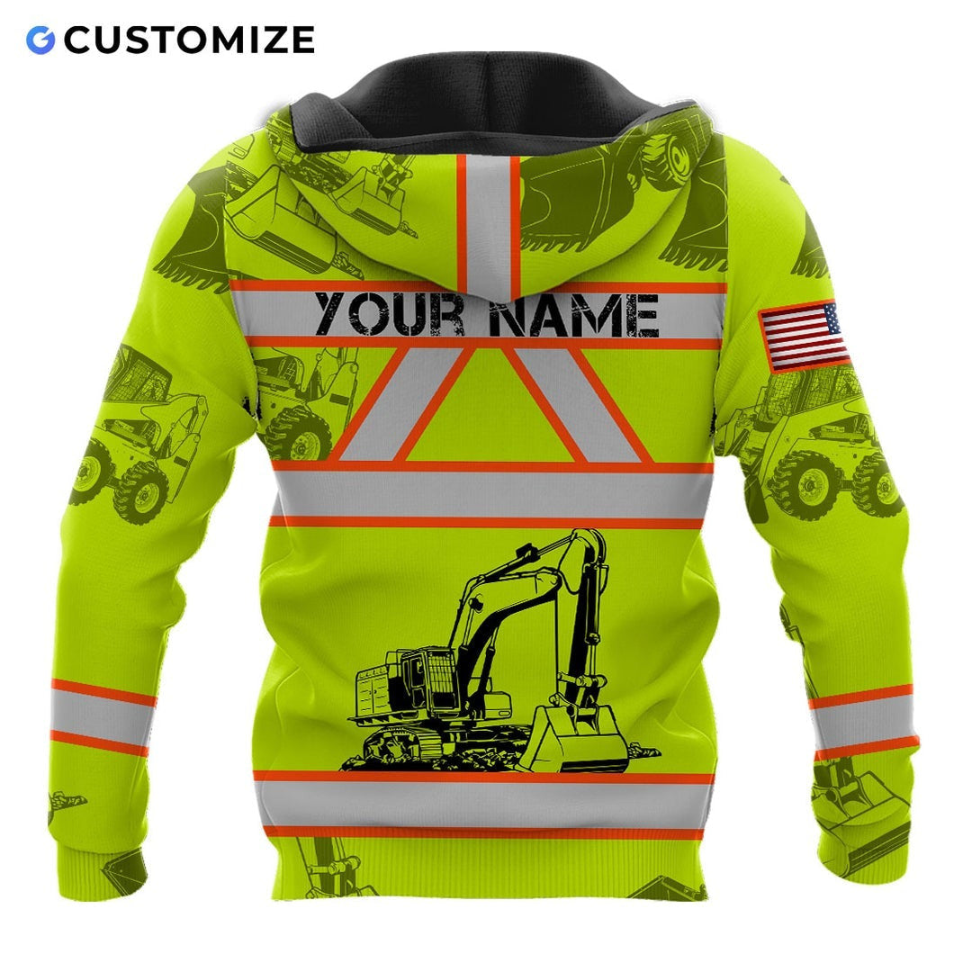 Personalized excavator operator hoodie featuring yellow excavator vest print all-over print, back view