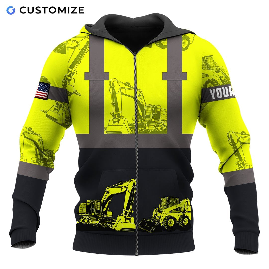 Personalized excavator operator zip hoodie featuring yellow black heavy equipment panels all-over print, zip-front design