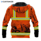 Personalized excavator operator hoodie featuring orange excavator pattern stripe print all-over print, back view