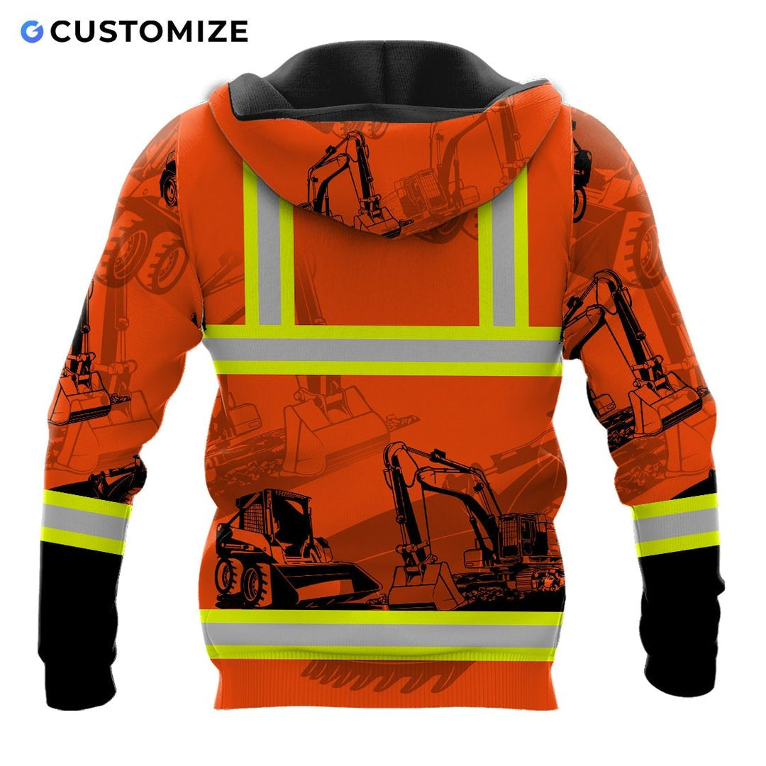 Personalized excavator operator hoodie featuring orange excavator pattern stripe print all-over print, back view