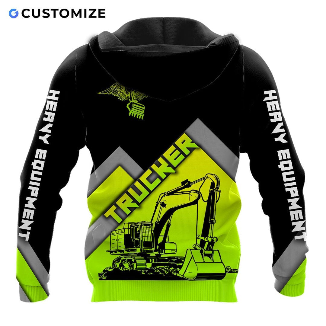 Personalized heavy equipment hoodie featuring black yellow chevron excavator all-over print, back view