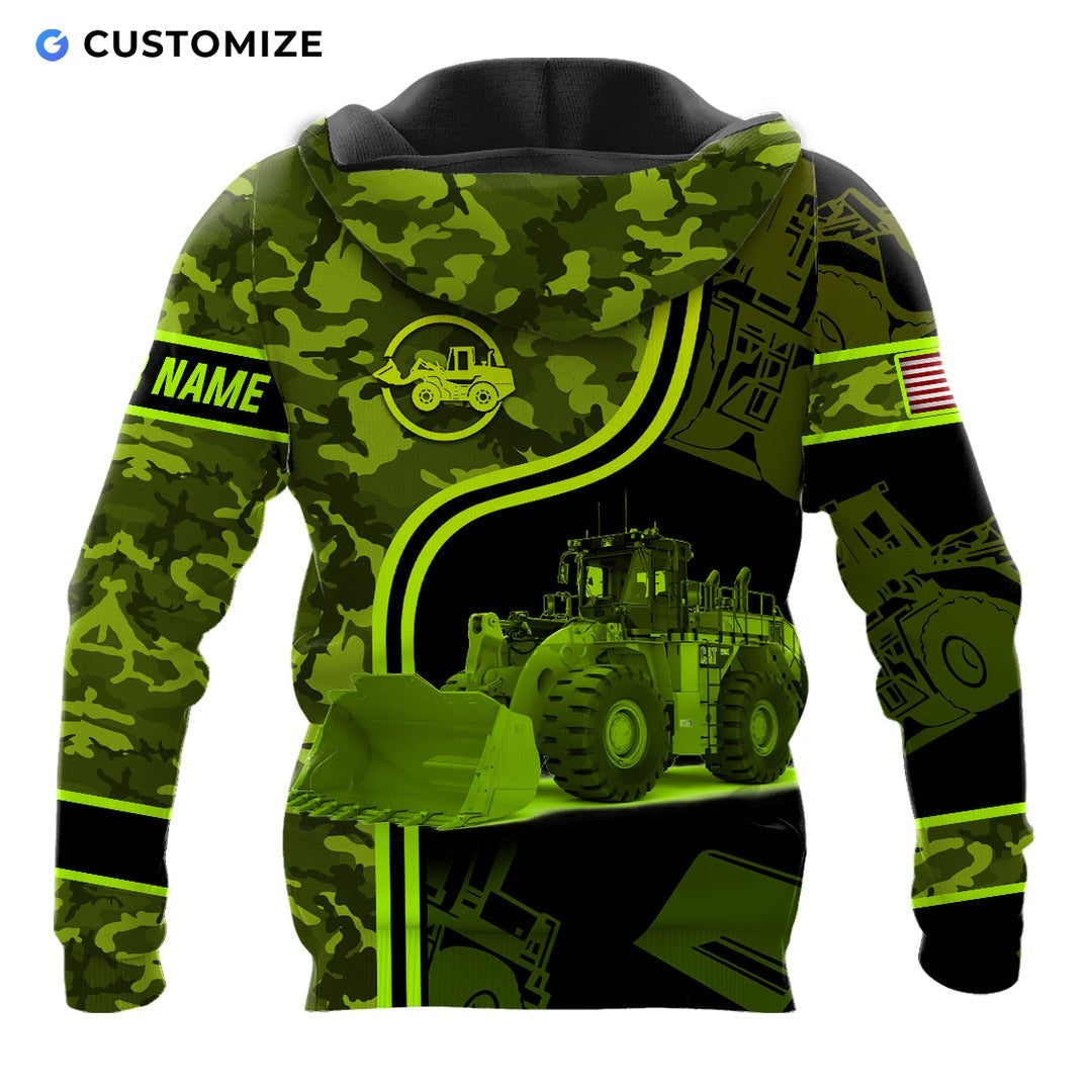 Personalized wheel loader operator hoodie featuring green camo wheel loader all-over print, back view