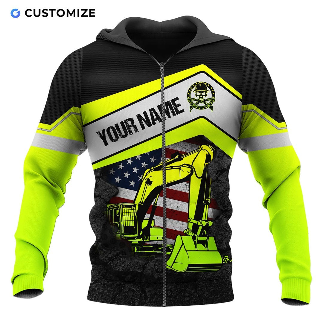 Personalized excavator operator zip hoodie featuring excavator and american flag all-over print, zip-front design