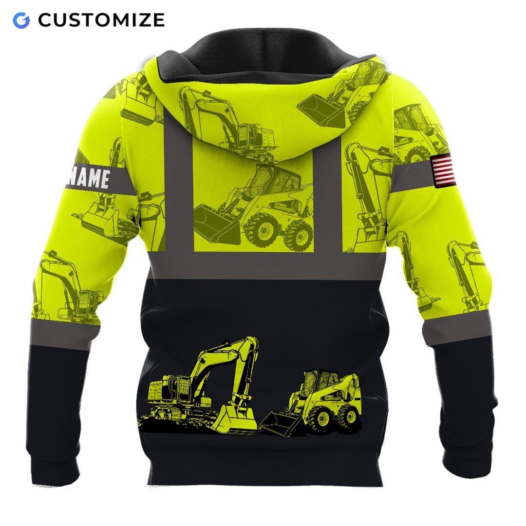 Personalized excavator operator hoodie featuring yellow black heavy equipment panels all-over print, back view