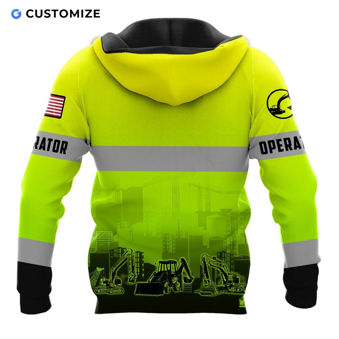 Personalized excavator operator hoodie featuring yellow grey stripe excavator fleet all-over print, back view