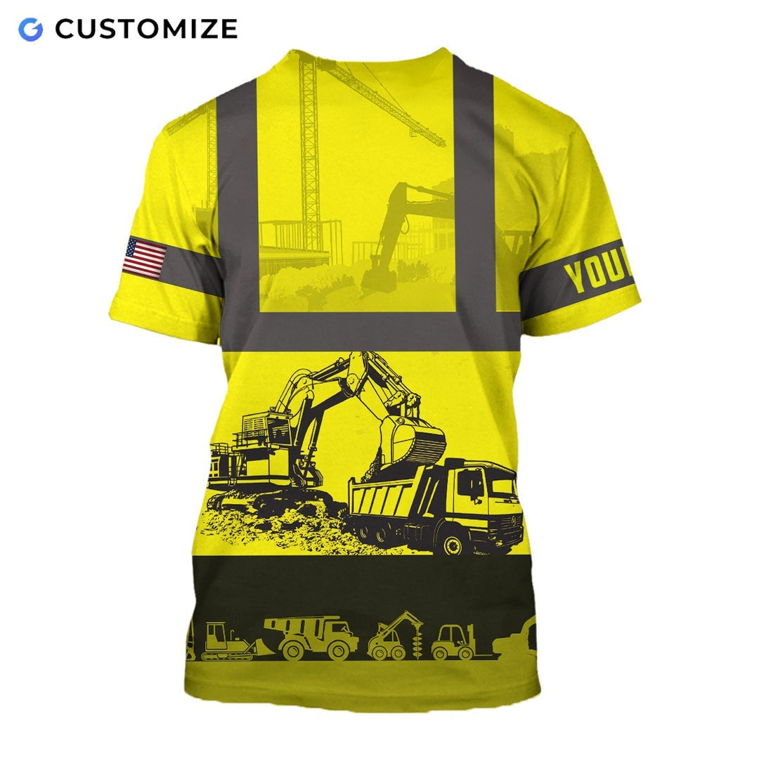 Personalized excavator operator t-shirt featuring yellow construction equipment print all-over print, back view