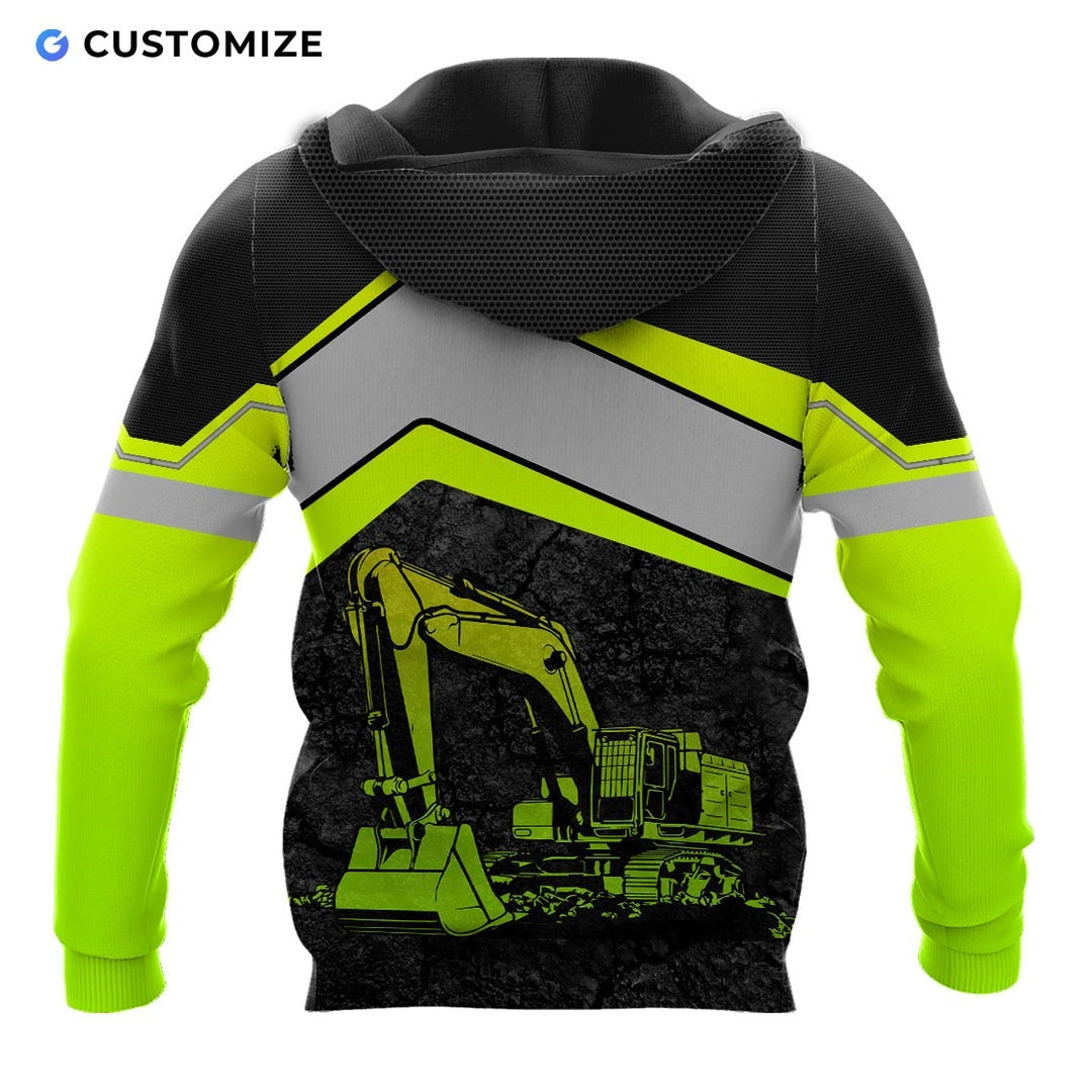 Personalized excavator operator hoodie featuring excavator and american flag all-over print, back view