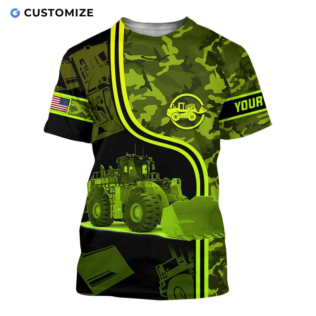 Personalized wheel loader operator t-shirt featuring green camo wheel loader all-over print, short-sleeve design