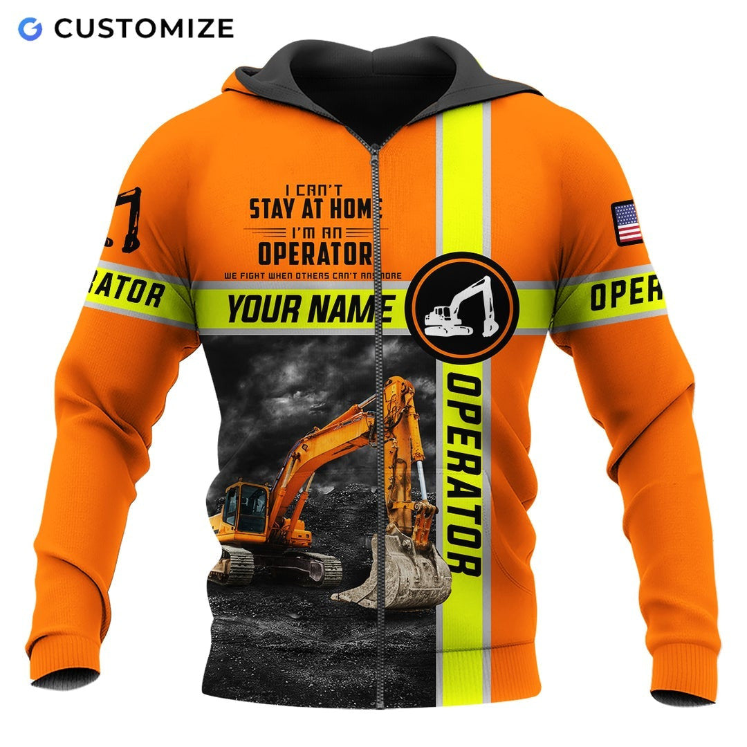 Personalized excavator operator zip hoodie featuring orange excavator operator quote all-over print, zip-front design