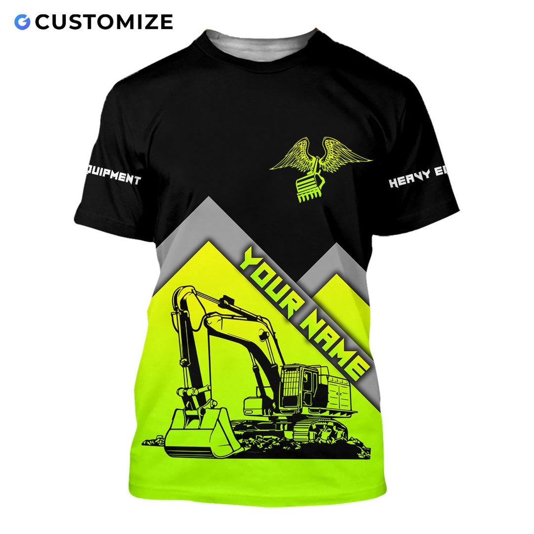 Personalized heavy equipment t-shirt featuring black yellow chevron excavator all-over print, short-sleeve design