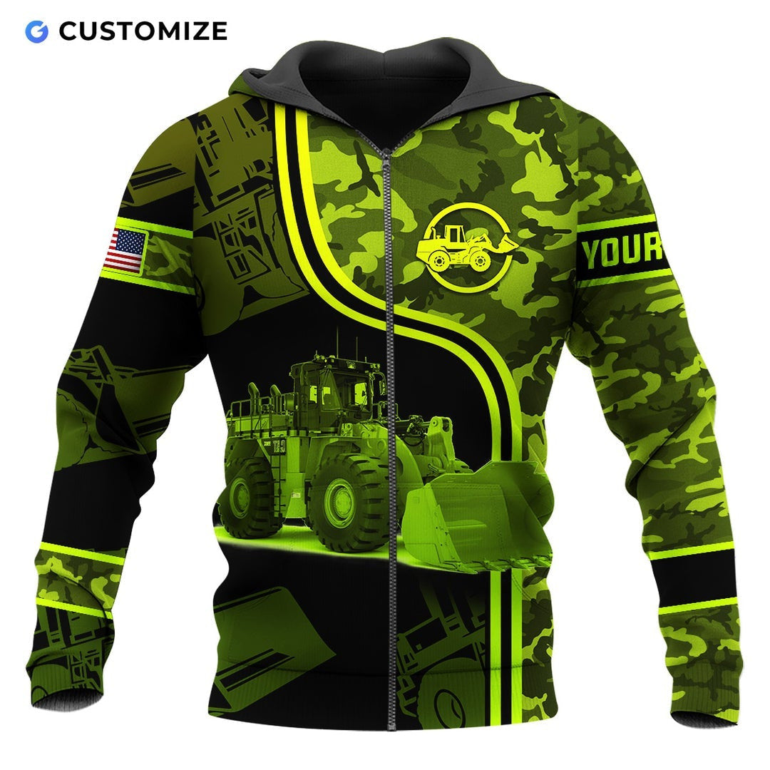 Personalized wheel loader operator zip hoodie featuring green camo wheel loader all-over print, zip-front design