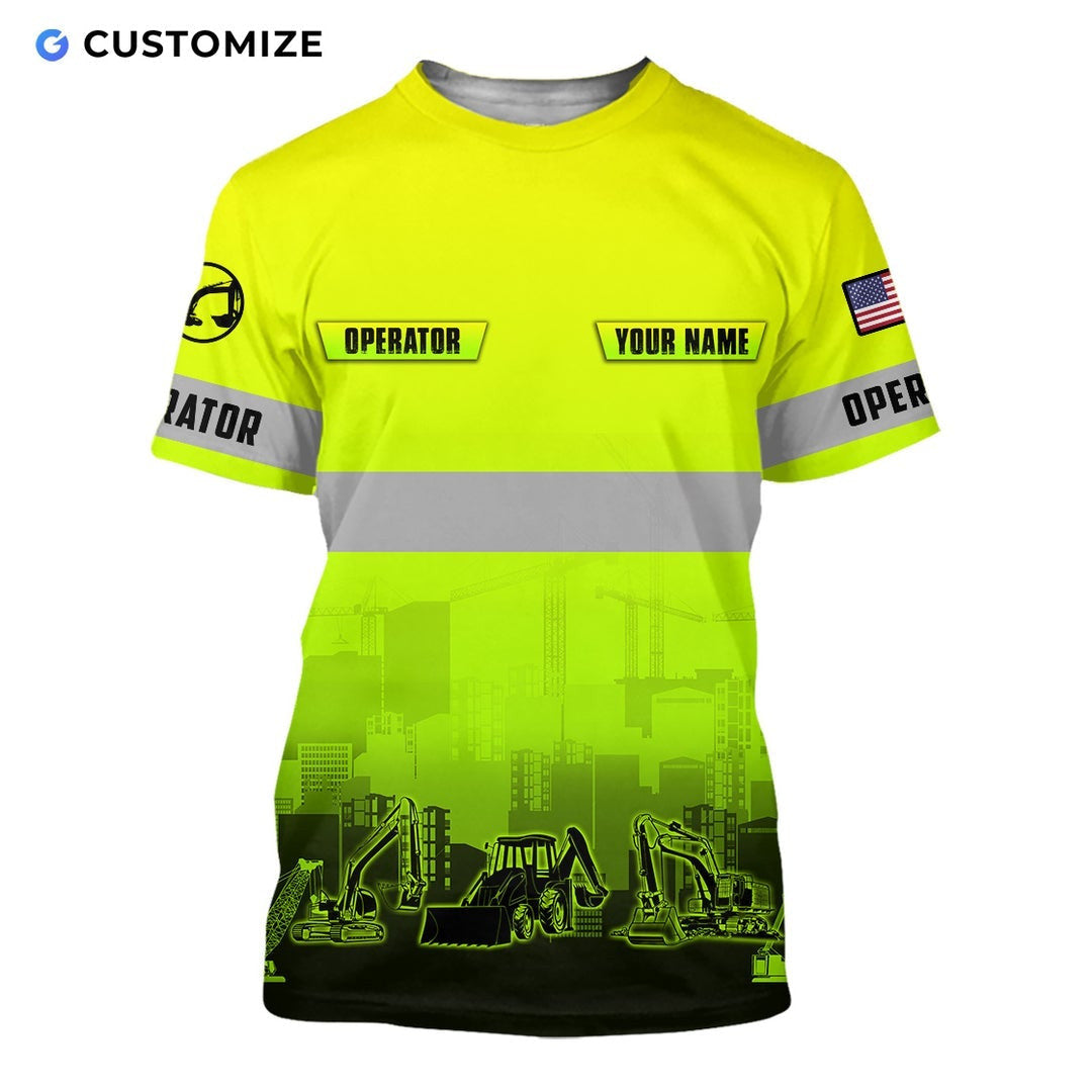 Personalized excavator operator t-shirt featuring yellow grey stripe excavator fleet all-over print, short-sleeve design