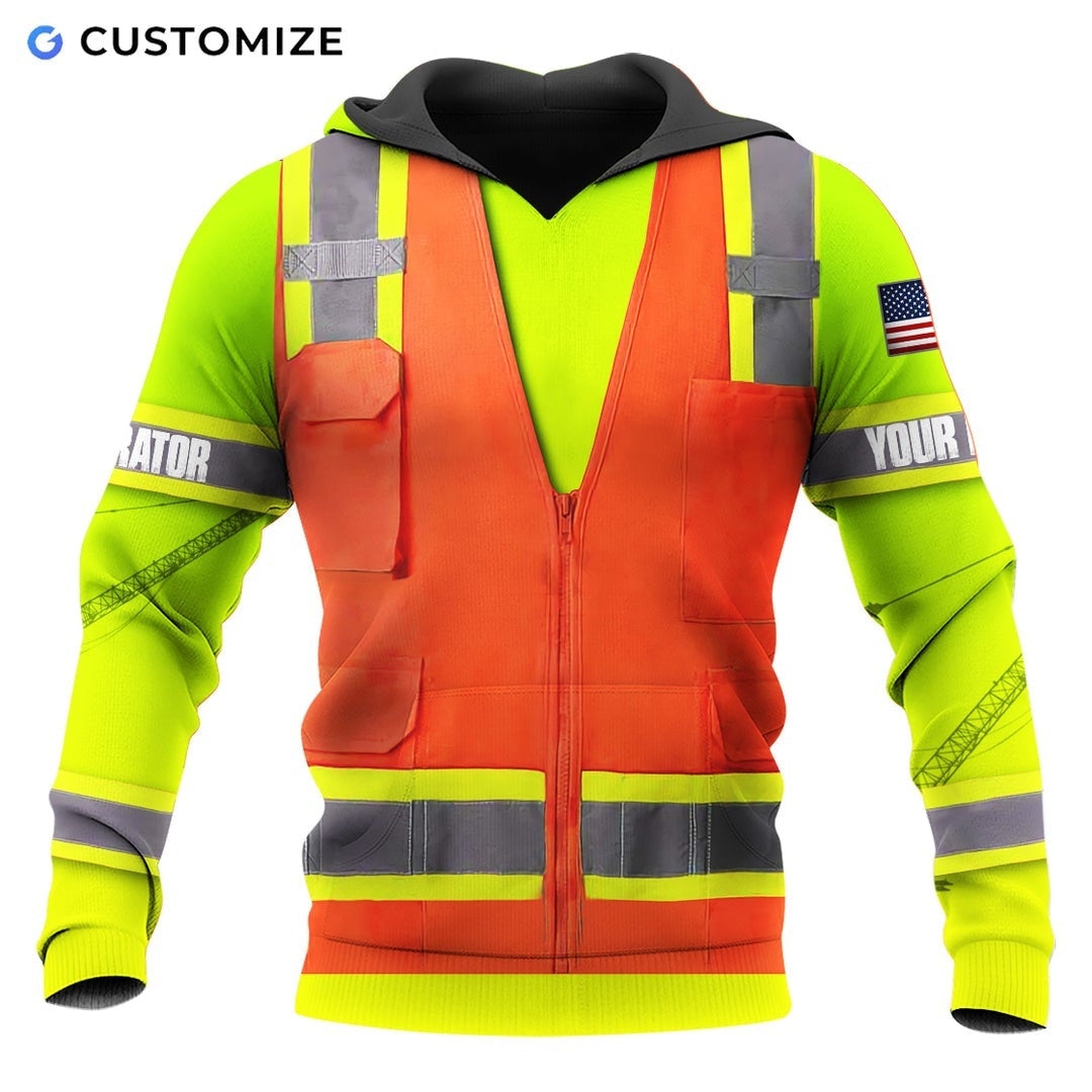 Personalized excavator operator hoodie featuring orange vest print yellow sleeves all-over print