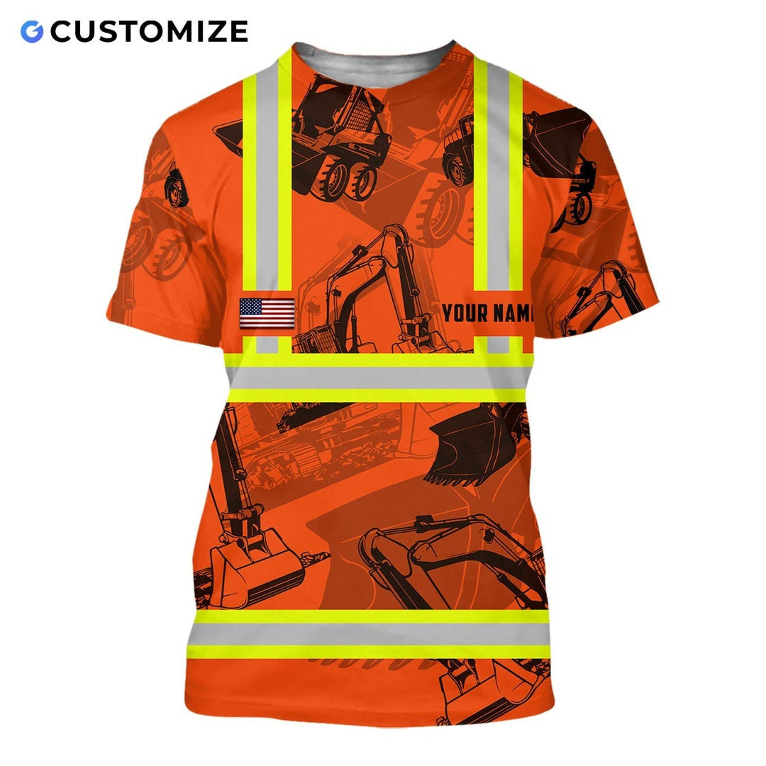 Personalized excavator operator t-shirt featuring orange excavator pattern stripe print all-over print, short-sleeve design