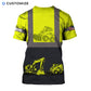 Personalized excavator operator t-shirt featuring yellow black heavy equipment panels all-over print, back view