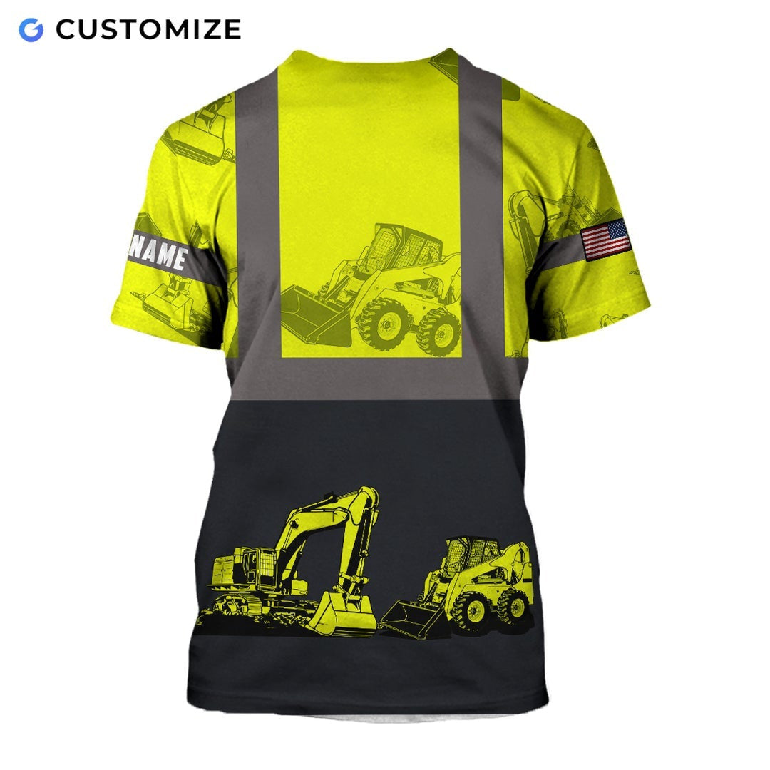 Personalized excavator operator t-shirt featuring yellow black heavy equipment panels all-over print, back view