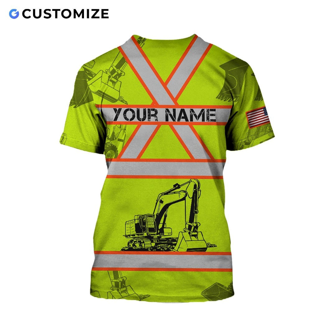 Personalized excavator operator t-shirt featuring yellow excavator vest print all-over print, back view