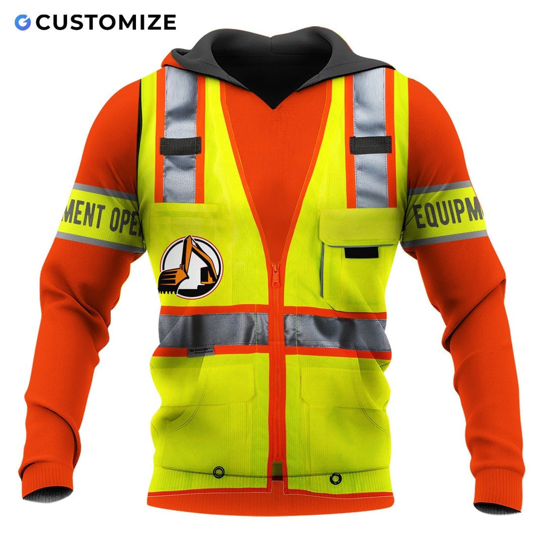Personalized excavator operator hoodie featuring yellow vest print orange sleeves all-over print