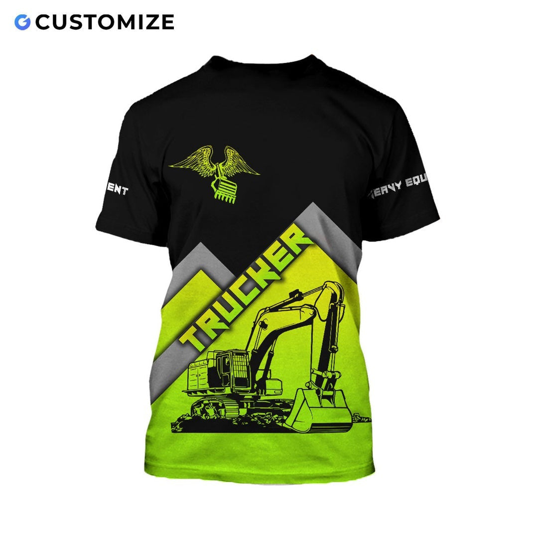 Personalized heavy equipment t-shirt featuring black yellow chevron excavator all-over print, back view